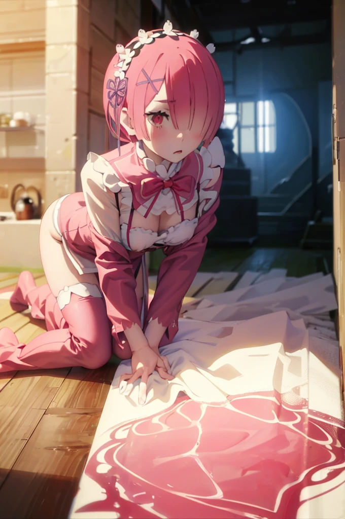 On all fours、crawl on all fours、、Pink Hair、hair over one eye、short hair、、Pale red eyes、Blushing、、、Blushing、Random underwear、Random erotic poses、kitchen、kitchen、living、Sexy expression、、Glamorous expression、M-shaped spread legs、Glamorous expression、