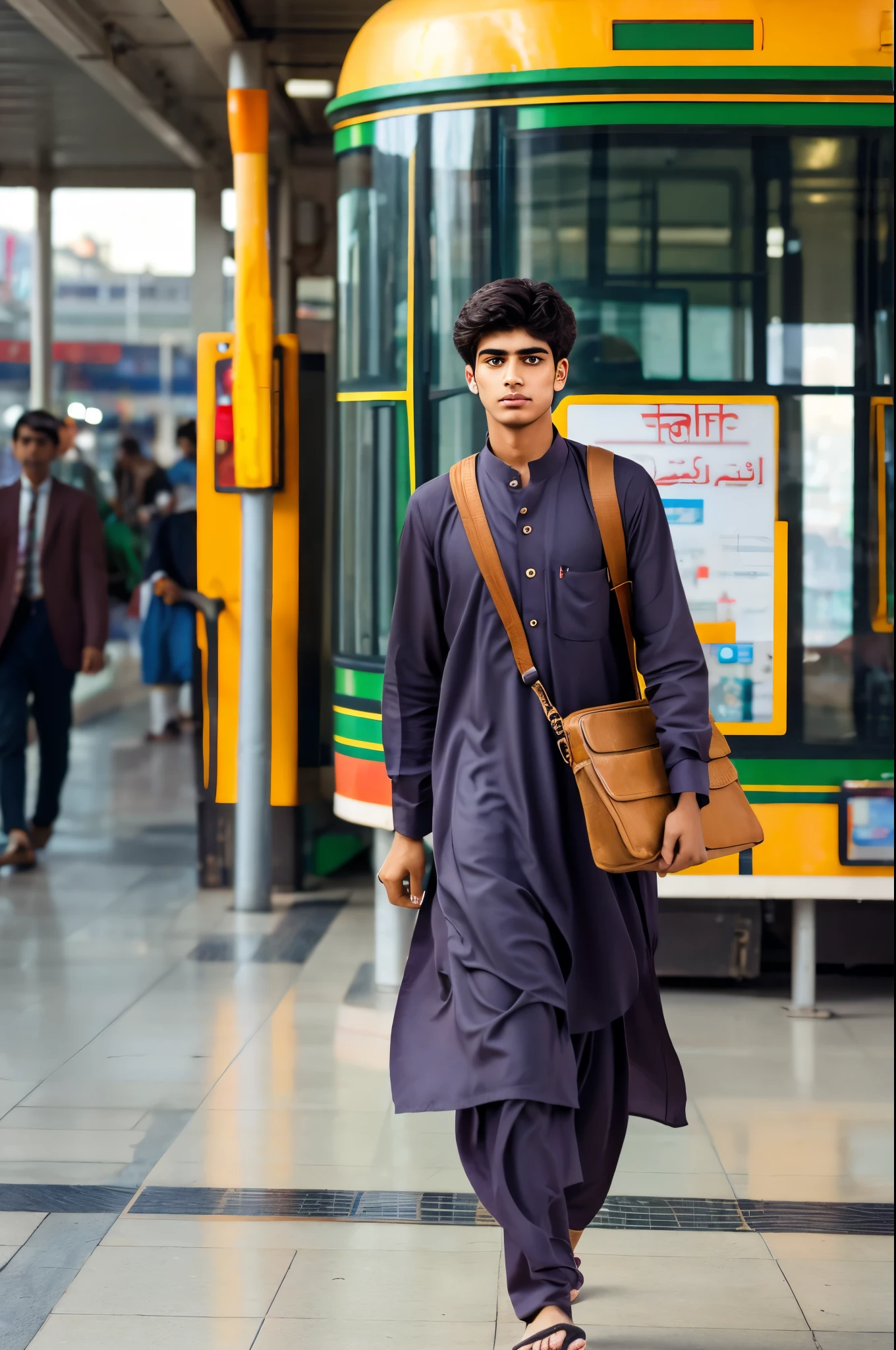 Create a realistic image of 20 years old Pakistani boy take of from bus ,he must wear shalwar kameez and holding a bag in his hand ,the bus must be standing on bus terminal