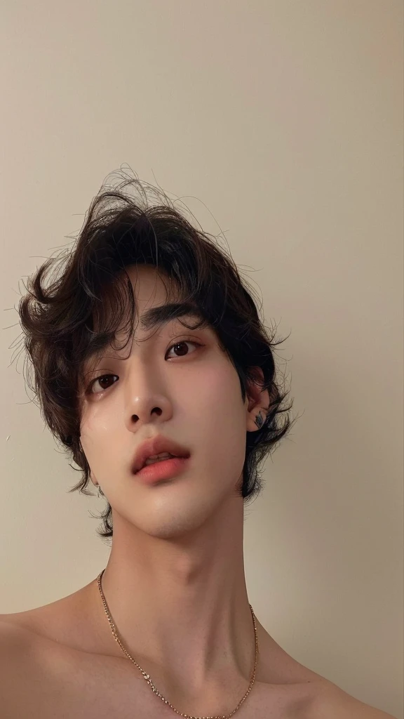 there is a man with a necklace on his neck looking at the camera, hyung tae, he has short curly brown hair, hyung tae kim, kim taejin, Jimin\his right eyelid is swollen, jinyoung shin, profile picture, hong june hyung, taken in the early 2020s, hyung tae Kim, Hyung - Tae Kim, south korean man