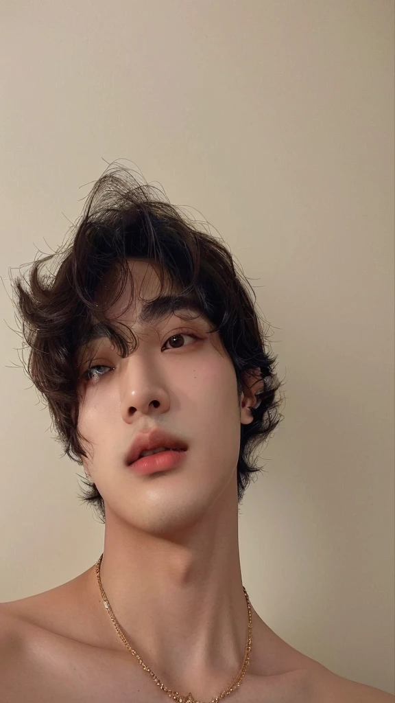 there is a man with a necklace on his neck looking at the camera, hyung tae, he has short curly brown hair, hyung tae kim, kim taejin, Jimin\his right eyelid is swollen, jinyoung shin, profile picture, hong june hyung, taken in the early 2020s, hyung tae Kim, Hyung - Tae Kim, south korean man