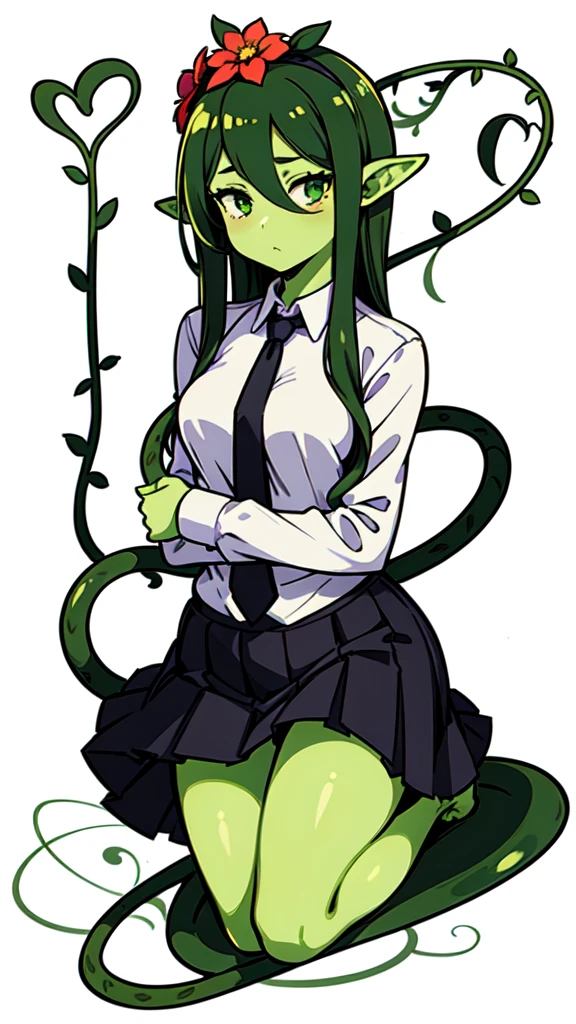 1girl,20s,adult,madure female,alraune, white shirt,black standard tie,black jacket, blazer,long sleeves, skirt,red pleated skirt,green hair,long hair,flower on head, vines on body, full body, classroom,(greenskin),(simple background,white background),(upper body)