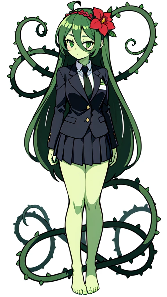 1girl,20s,adult,madure female,alraune, white shirt,black standard tie,black jacket, blazer,long sleeves, skirt,red pleated skirt,green hair,long hair,flower on head, vines on body, full body, classroom,(greenskin),(simple background,white background),(upper body)