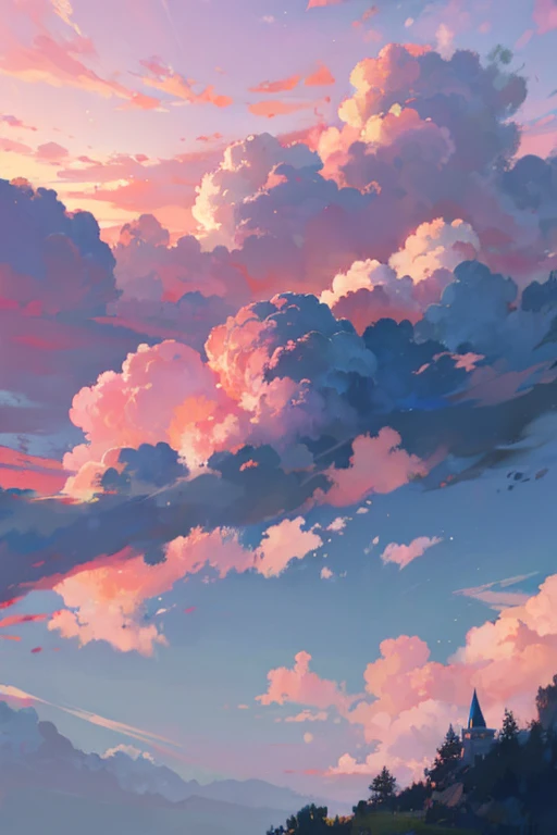 Disney Pixar style, day, dawning sky, clouds, pink tones, realistic, 8k