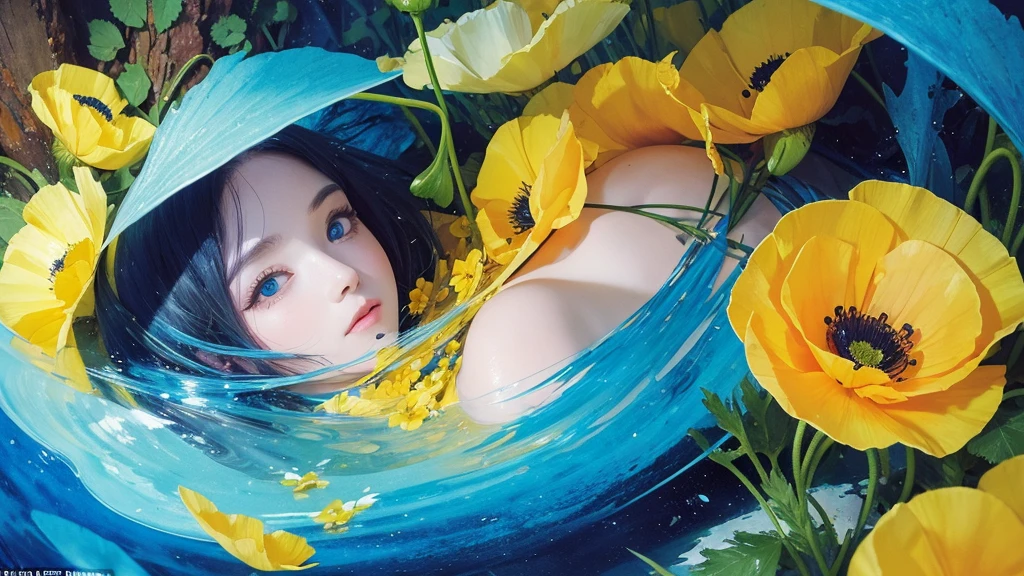 32k, Masterpiece, Highest quality, One girl, Detailed eyes, flower,Iceland Poppy, Blue and yellow style,A dreamy, romantic piece,Pale yellow, Mysterious Leaves,A playful arrangement,Fantasy,High Contrast,Ink strokes,explosion,Exposure, Impression of blue and yellow tones,Abstract,((Watercolours by John Berkey and Jeremy Mann )) Brush strokes,Negative Space, Tyndall effect,