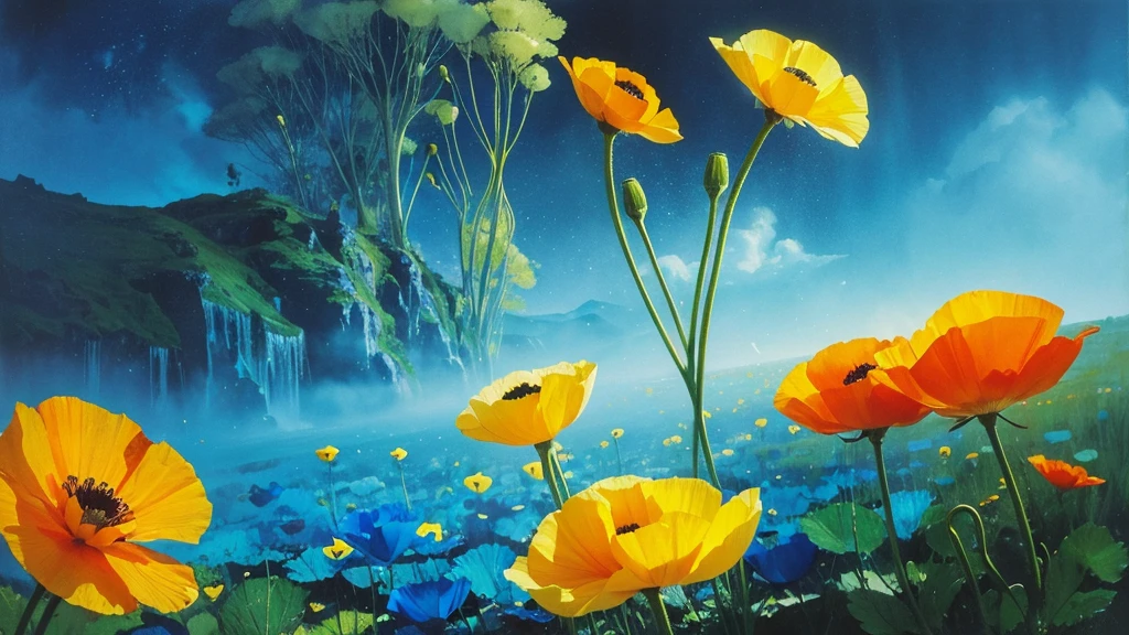 32k, Masterpiece, Highest quality, One girl, Detailed eyes, flower,Iceland Poppy, Blue and yellow style,A dreamy, romantic piece,Pale yellow, Mysterious Leaves,A playful arrangement,Fantasy,High Contrast,Ink strokes,explosion,Exposure, Impression of blue and yellow tones,Abstract,((Watercolours by John Berkey and Jeremy Mann )) Brush strokes,Negative Space, Tyndall effect,