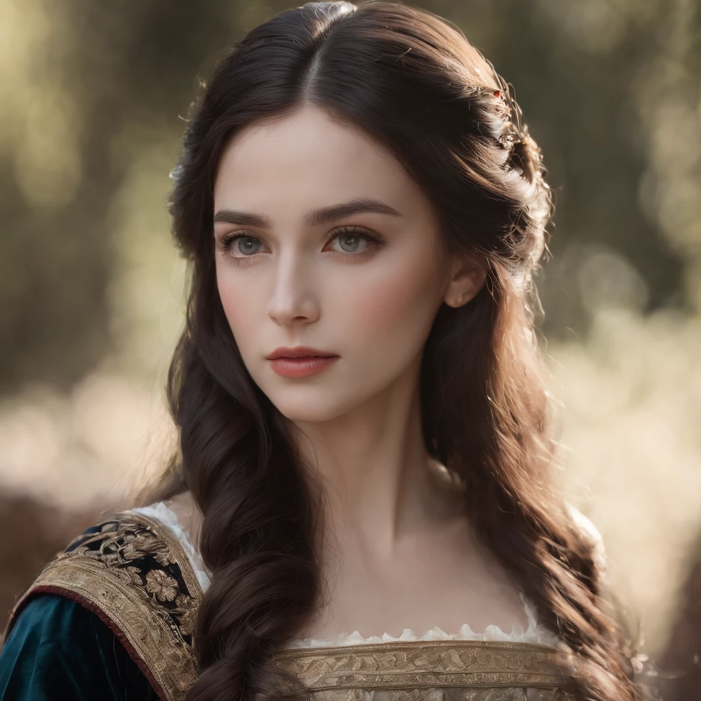 1 girl, beautiful detailed eyes, beautiful detailed lips, extremely detailed face and eyes, long eyelashes, long straight black hair, cold look, pale skin, 17th century, film set, kingdom of Unam, princess Seraphina Nightshade, (best quality,4k,8k,highres,masterpiece:1.2),ultra-detailed,(realistic,photorealistic,photo-realistic:1.37),cinematic lighting,dramatic lighting,highly detailed portrait,dramatic contrast,chiaroscuro lighting