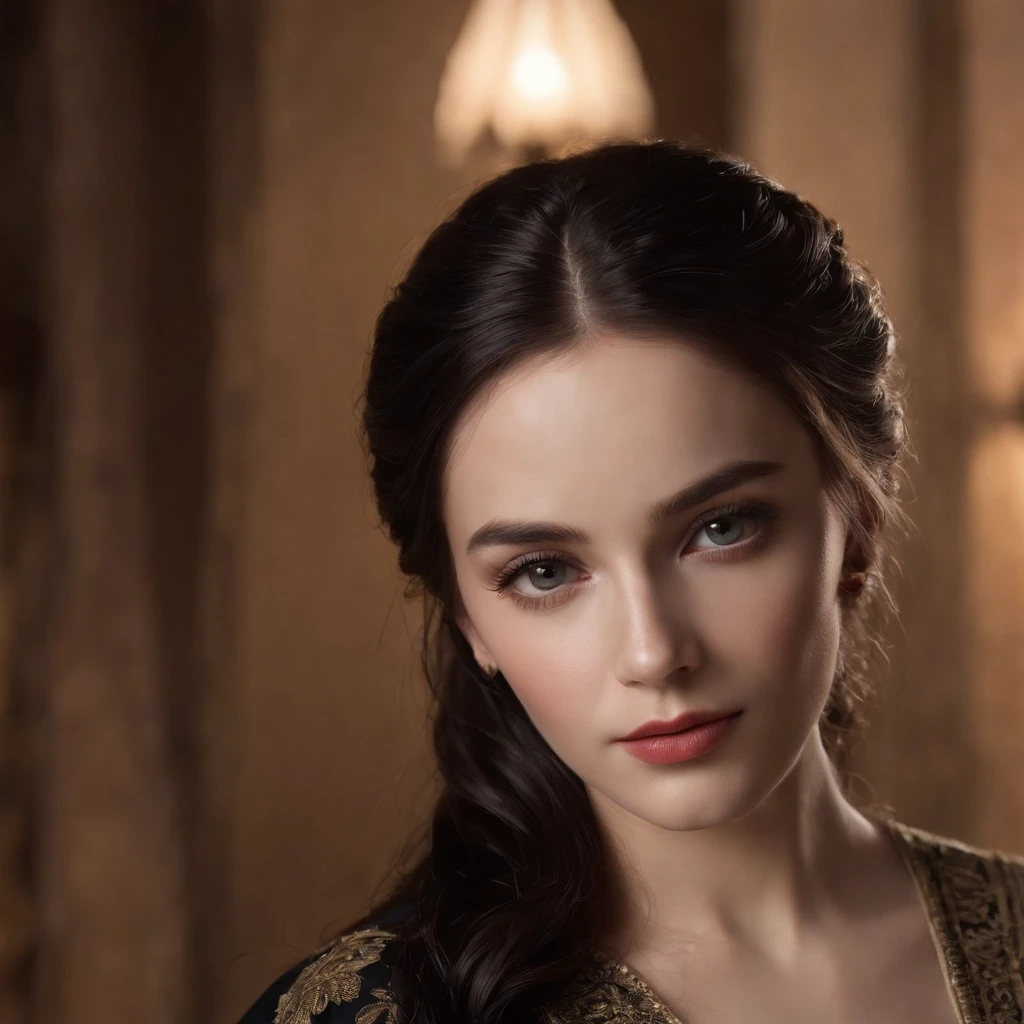 1 girl, beautiful detailed eyes, beautiful detailed lips, extremely detailed face and eyes, long eyelashes, long straight black hair, cold look, pale skin, 17th century, film set, kingdom of Unam, princess Seraphina Nightshade, (best quality,4k,8k,highres,masterpiece:1.2),ultra-detailed,(realistic,photorealistic,photo-realistic:1.37),cinematic lighting,dramatic lighting,highly detailed portrait,dramatic contrast,chiaroscuro lighting