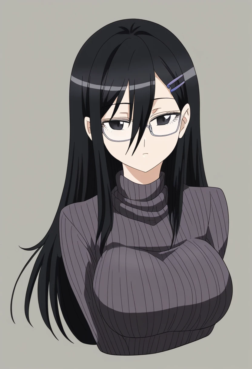 anime style,solo,1girl,hair between eyes,beautiful black hair, beautiful black eyes, glasses,small eyes,straight hair,long hair, hair clip,big breasts