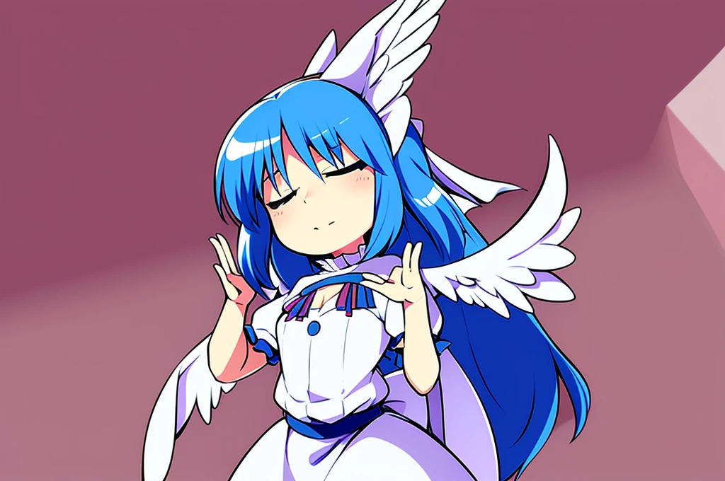 masterpiece, best quality, 1girl, , , 10 years old, medium blue hair, hair flaps, pink ribbon on head, well-formed face, blue eyes, angel girl, white blouse, puffy short sleeves, red ribbon, angel wings, long white skirt, red shoes, frills, ribbon head, from behind, to lift up one’s skirt, cowboy shot, from front, standing , raise one leg, crossed arms, arms up behind, arms behind back, hand between legs, put hands hip, one hand on hip, forward hands, arms raised in the air, punch hands, peace sign, waving, put up index finger, sit, lie down, closed eyes, lie face down, looking back, put one hand chest, leaning forward, cleavage, close up, horizontally outstretched arms, horizontally outstretched legs, front view, front face