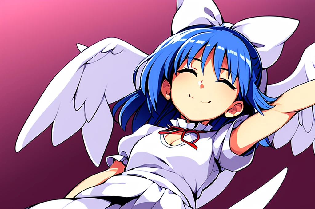 masterpiece, best quality, 1girl, , , , medium blue hair, hair flaps, pink ribbon on head, well-formed face, blue eyes, angel girl, white blouse, puffy short sleeves, red ribbon, angel wings, long white skirt, red shoes, frills, ribbon head, from behind, to lift up one’s skirt, cowboy shot, from front, standing , raise one leg, crossed arms, arms up behind, arms behind back, hand between legs, put hands hip, one hand on hip, forward hands, arms raised in the air, punch hands, peace sign, waving, put up index finger, sit, lie down, closed eyes, lie face down, looking back, put one hand chest, leaning forward, cleavage, close up, horizontally outstretched arms, horizontally outstretched legs, front view, front face