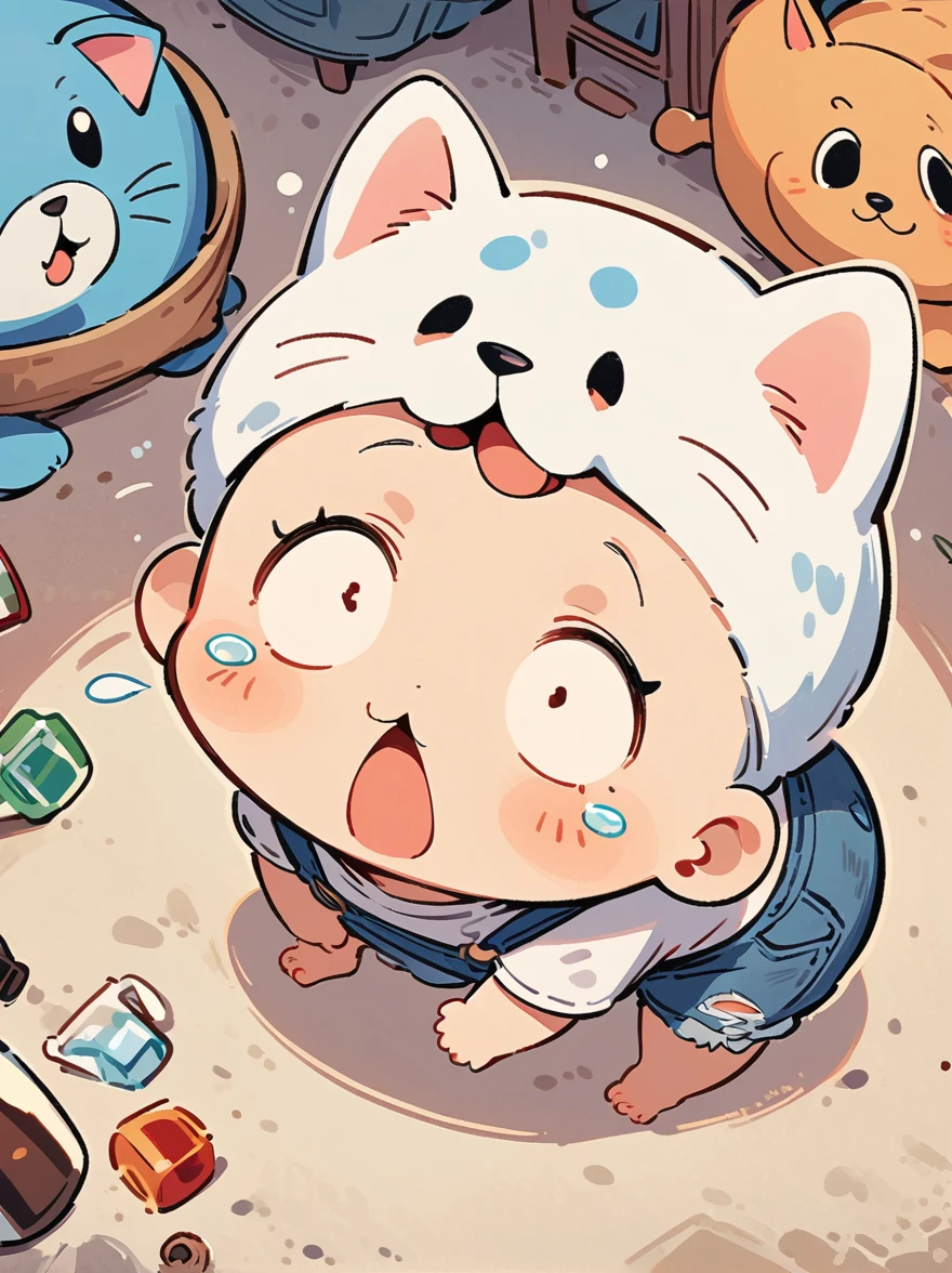 Cartoon illustration，simple，Depicts an anthropomorphic dog，White hair ，Men，Q version，（Toddler，baby）， cute， stand up， Masterpiece， high resolution，8K，（（（solo））），(White shirt，barefoot：0.6)，Looking at the audience，Viewing angle，from above，（Warm light source：1.2），Happy expression，shorts