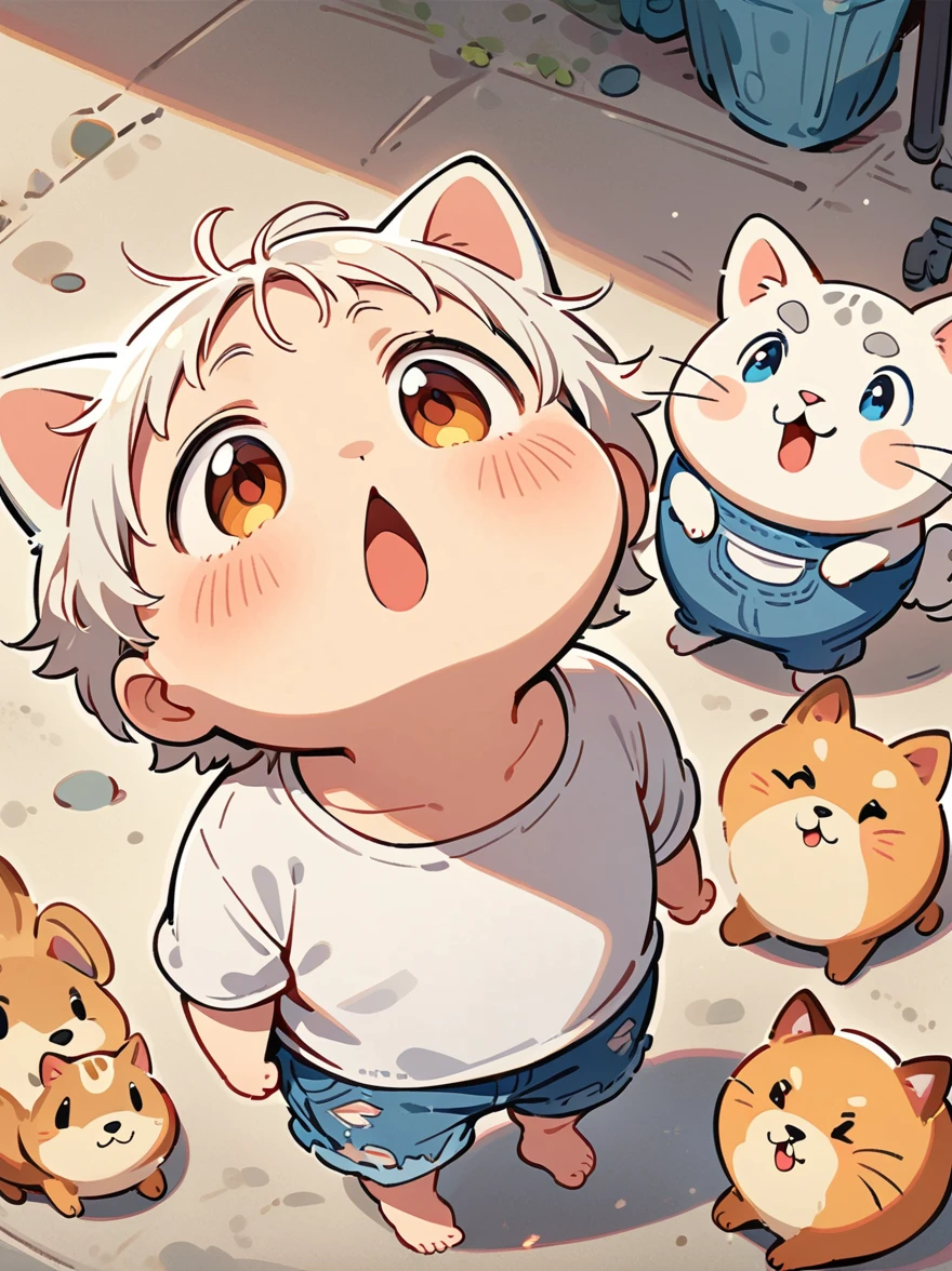 Cartoon illustration，simple，Depicts an anthropomorphic dog，White hair ，Men，Q version，（Toddler，baby）， cute， stand up， Masterpiece， high resolution，8K，（（（solo））），(White shirt，barefoot：0.6)，Looking at the audience，Viewing angle，from above，（Warm light source：1.2），Happy expression，shorts