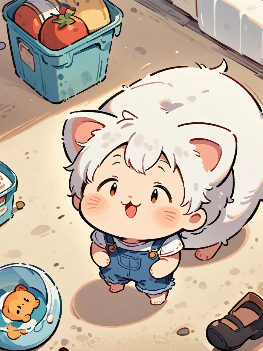 Cartoon illustration,simple,Depicts an anthropomorphic dog,White hair ,Men,Q version,(Toddler,baby), cute, stand up, Masterpiece, high resolution,8K,(((solo))),(White shirt,barefoot:0.6),Looking at the audience,Viewing angle,from above,(Warm light source:1.2),Happy expression,shorts