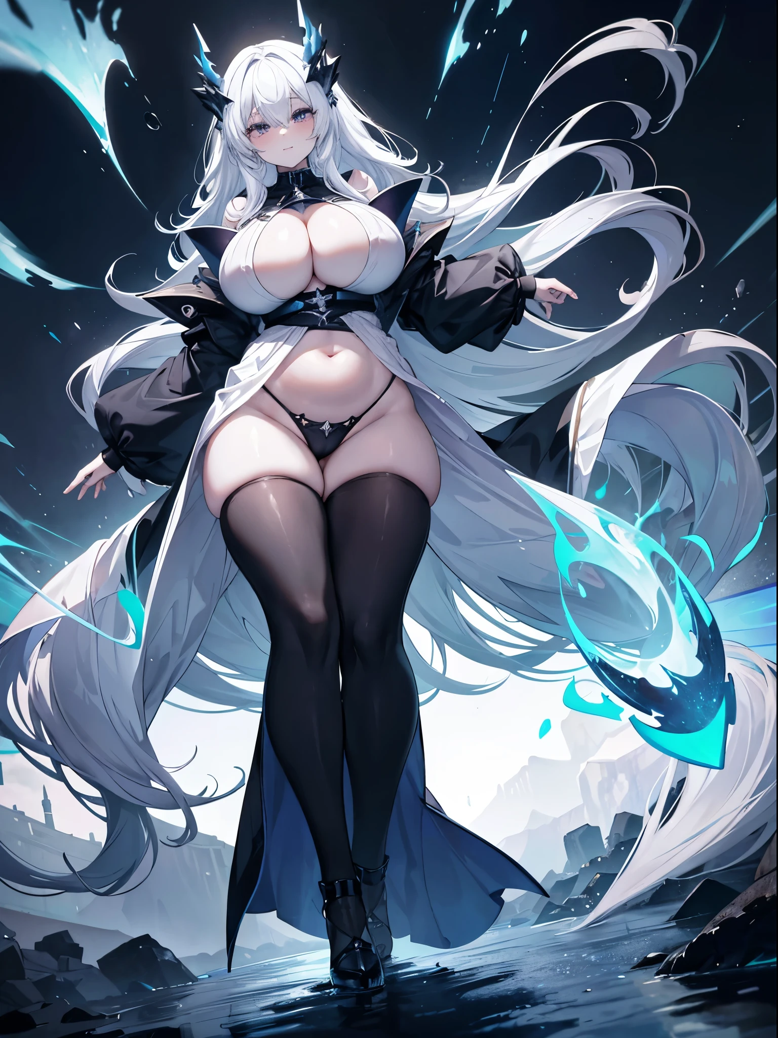 Light skin,Ghost Girl,Blue Flame,Black Background,pale long hair,Softly,big breasts, Huge boobs,Big Ass,Thick thighs,Thick waist,I can see her cleavage,Pale Dress,smile,Plump body,Robust,Wide ass,Large flower,Pretending to be tough,Have muscle,Esbian all over,Mature Woman, (Wide ass:1.3),(Thick thighs:1.4),Tree-like height,Grow taller,On the other hand,Super big breasts,