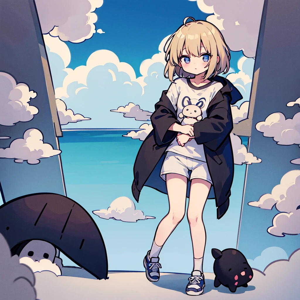 Little chibi Anime girl hugging a cute big cloud, wears simple t shirt and shorts, full body