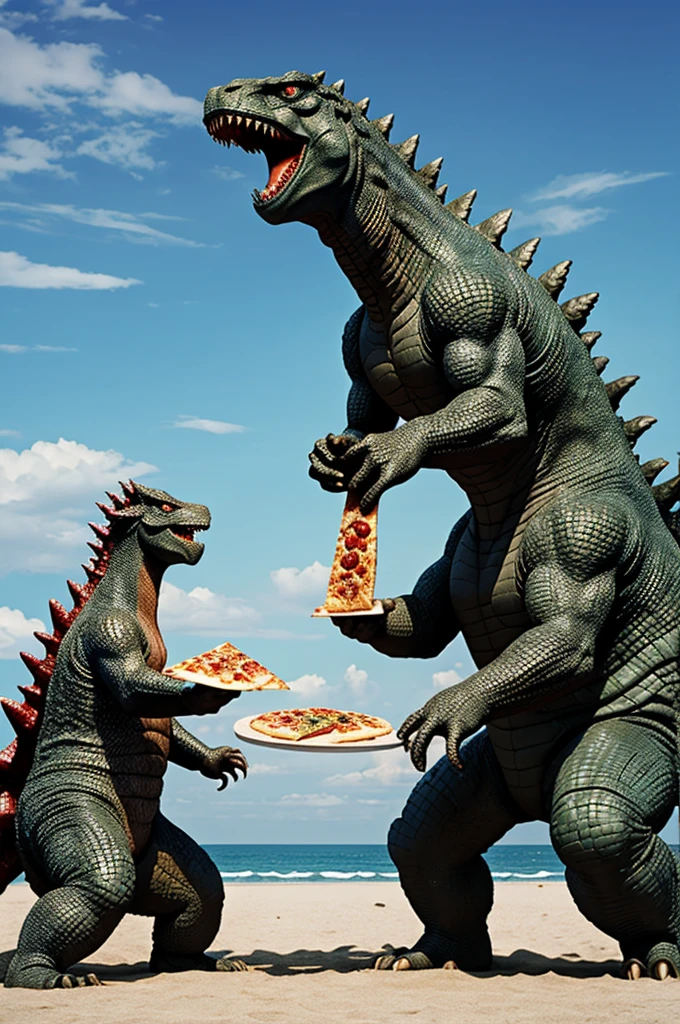 Realistic realism high definition Godzilla and ultraman eat pizza at beach