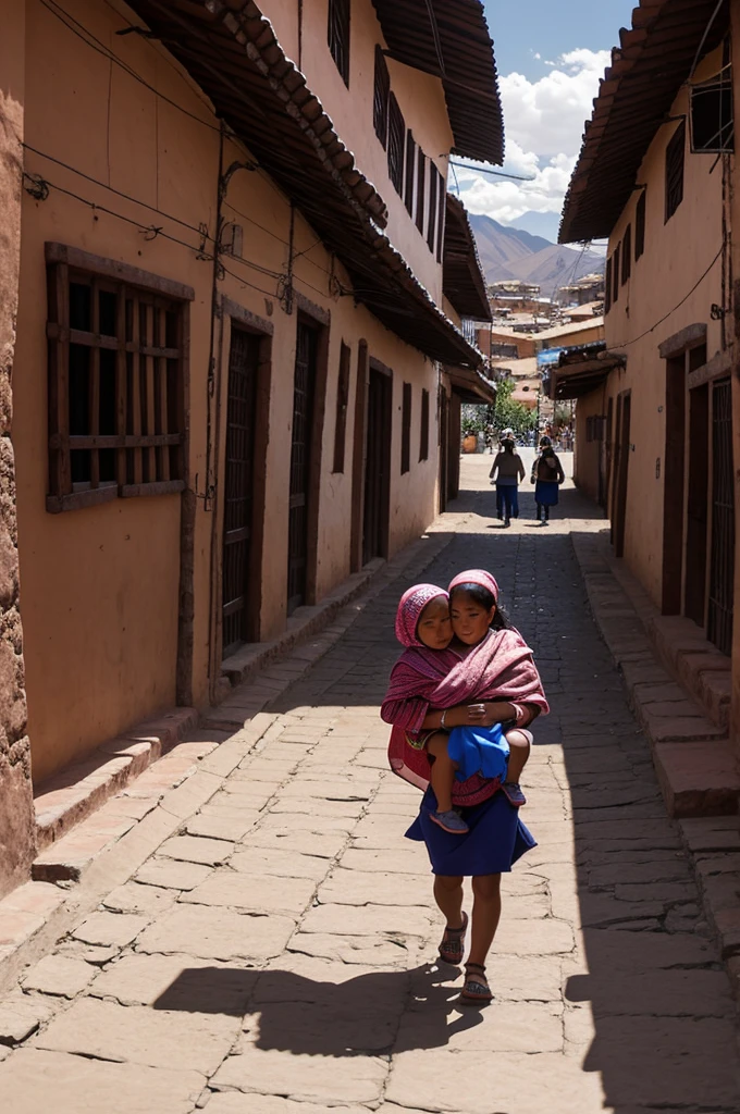 Ayacuchoans close to the screen performing actions such as carrying a baby and cooking on the floor with a place similar to Ayacucho in the background, all animated and drawn.