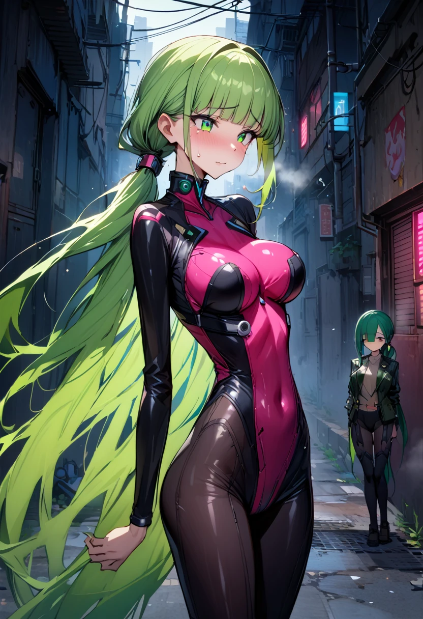 ((masterpiece,Highest quality:1.3)),cowboy shot,1woman,30 year old beauty,Investigator、独奏,(very small head:1.4),green hair,(low ponytail),long hair,blunt bangs,green eyes,gorgeous eyes,shy,tears"Heavy breathing、medium breasts,(very long body:1.4),(toned body,slender body,skinny),gleaming skin,shiny skin,(Black leather high leg bodysuit、Long sleeve),barefoot、incontinence、peeing、Wet crotch、standing,Dark back alley、Metropolis、cyber punk、World of Blade Runner、