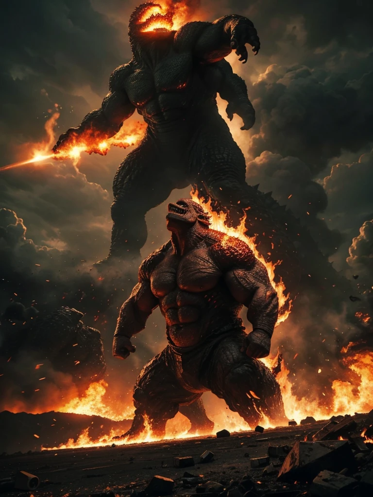 A giant, strong man fights Godzilla. surrounded by flames