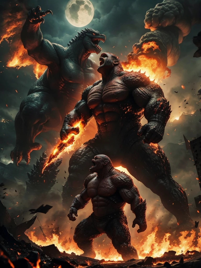 A giant, strong man fights Godzilla. surrounded by flames