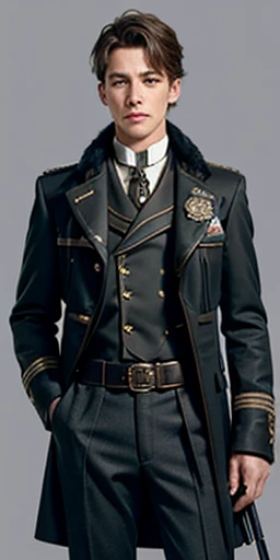 A grizzled veteran steampunk police officer in Victorian clothes, dark uniform with silver hem and buttons