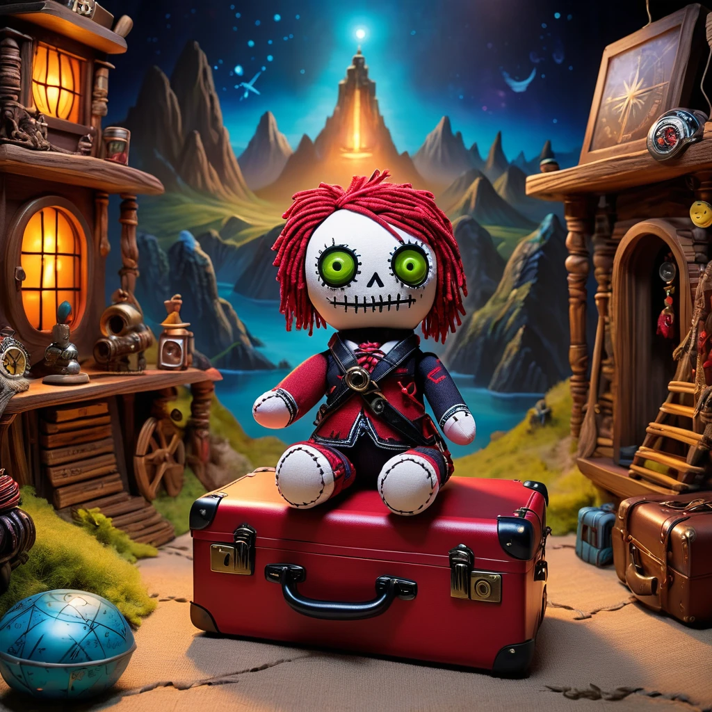 (knitted toy voodoo doll:1.6), (Voodoo Traveler:1.3), (Clothing: adventurer's outfit with glowing map patterns:1.0), (Accessories: enchanted compass emitting magical wayfinding aura, levitating luggage:1.1), (background: mystical landscape with floating landmarks, glowing pathways, and spectral travel guides:1.2), best quality, masterpiece, detailed soft oil painting, detailed background, dramatic cinematic lighting, soft edge lighting, professional, dramatic lighting, hard edge lighting, ultra quality, 4k, masterpiece, best quality, 8k, ultra high definition, high resolution, extremely detailed