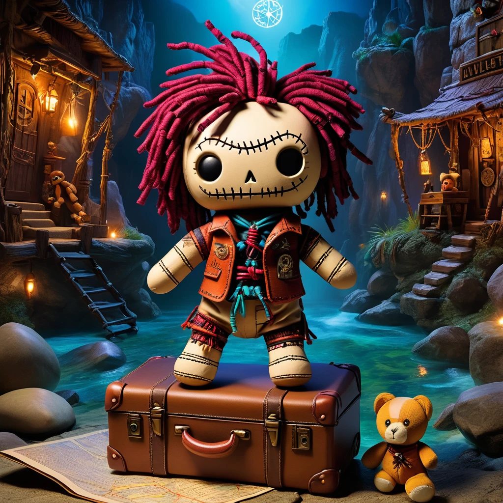 (knitted toy voodoo doll:1.6), (Voodoo Traveler:1.3), (Clothing: adventurer's outfit with glowing map patterns:1.0), (Accessories: enchanted compass emitting magical wayfinding aura, levitating luggage:1.1), (background: mystical landscape with floating landmarks, glowing pathways, and spectral travel guides:1.2), best quality, masterpiece, detailed soft oil painting, detailed background, dramatic cinematic lighting, soft edge lighting, professional, dramatic lighting, hard edge lighting, ultra quality, 4k, masterpiece, best quality, 8k, ultra high definition, high resolution, extremely detailed