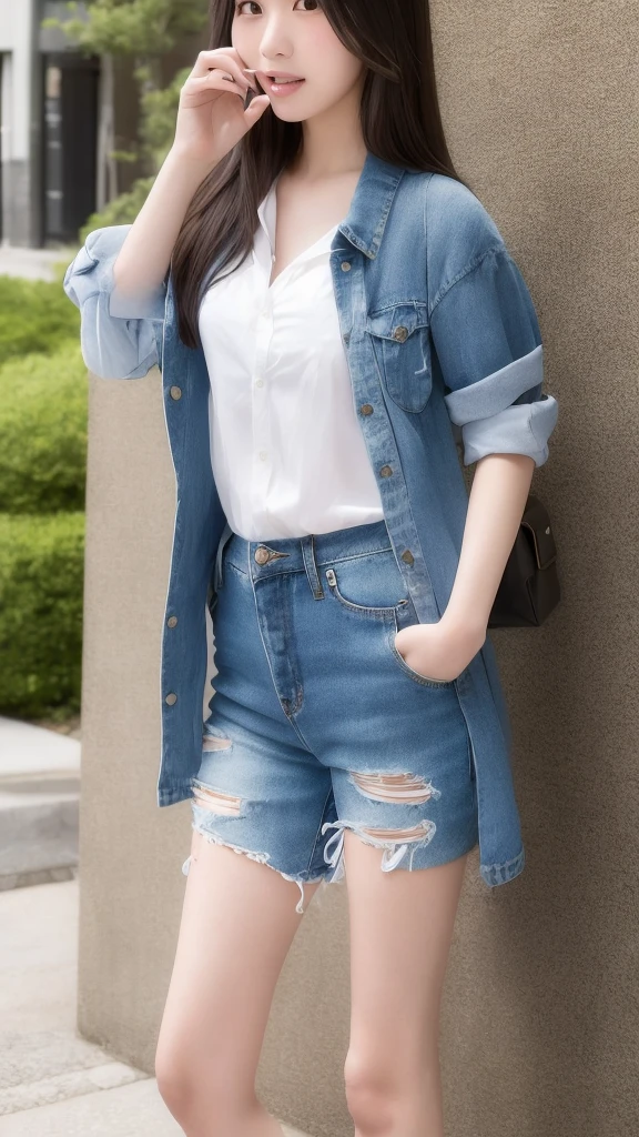 Beautiful young Japanese girl 25-year-old realistic blue jean high shorts white button up shirt standig on the sidewalk talking on her cell phone