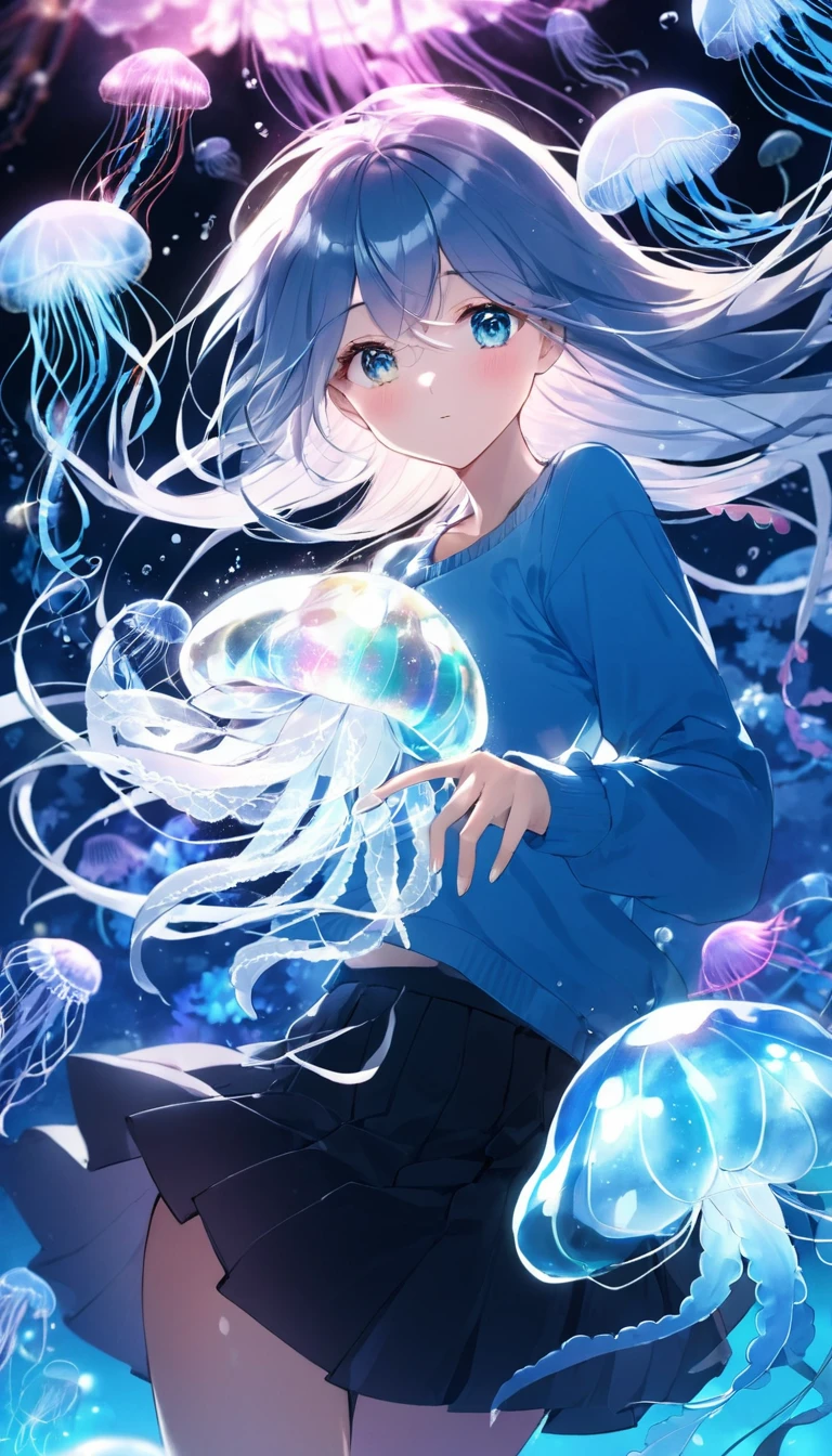 finely detailed illustration, best quality, masterpiece, vibrant color,High resolution、8k、Pitch blackの静寂を演出、Wallpaper Art、Very detailed_face_eye、sharp focus on eyes, 非常に繊細なfaceと肌の質感、Woman looking around、pretty girl、14 years old、camisole、denim hot skirt、Jellyfish floating in the air、Blue glowing jellyfish、Fluorescent jellyfish、Mystical Expressions、Synaptic vesicles、Neuron、Pitch black、The only light source is a jellyfish、