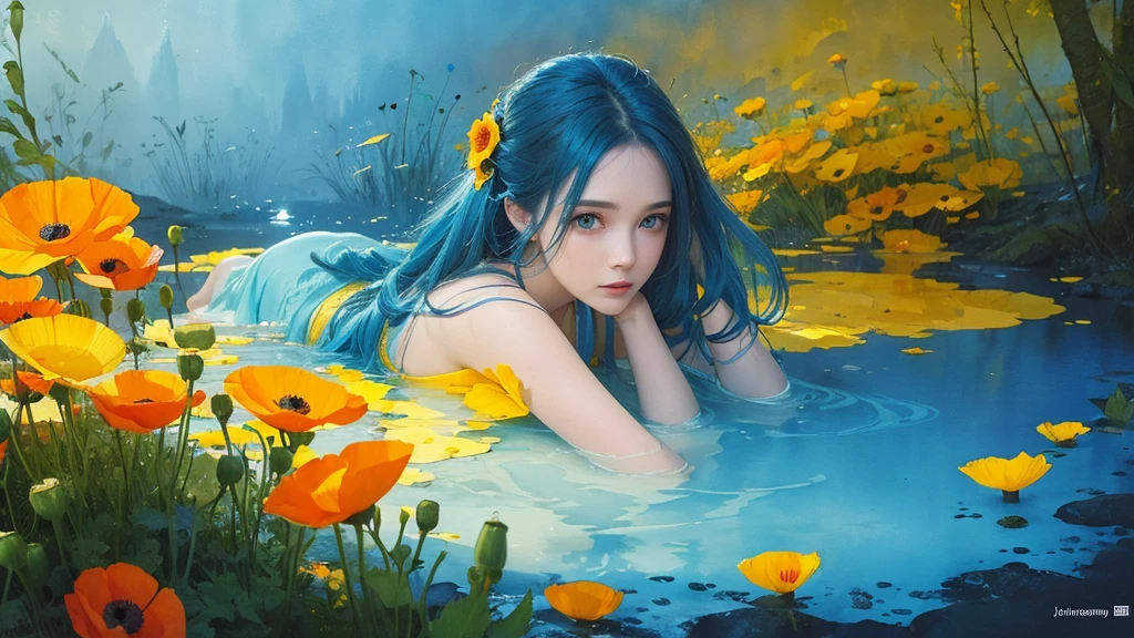 32k, Masterpiece, Highest quality, One girl, Detailed eyes, flower,Iceland Poppy, Blue and yellow style,A dreamy, romantic piece,Pale yellow, Mysterious Leaves,A playful arrangement,Fantasy,High Contrast,Ink strokes,explosion,Exposure, Impression of blue and yellow tones,Abstract,((Watercolours by John Berkey and Jeremy Mann )) Brush strokes,Negative Space, Tyndall effect,