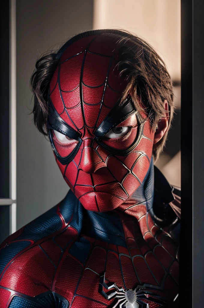 A photograph of spider man, no mask, 20 yo, handsome, detailed face, looking at camera, portrait, 8k uhd, high quality