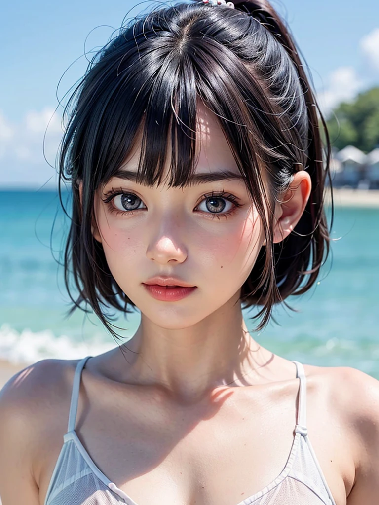 One Girl，(1人のとてもcute女の子:1.3)，masterpiece，Highest quality，High resolution，Photorealistic，RAW Photos，Ray Tracing，beautiful girl，(15 years old:1.3)，cute，Big eyes，(detailed pupils:1.2)，(The face is facing straight ahead:1.3)，Body facing forward，Beautiful nose，Fuller lips，Short black hair，ponytail，short hair，Detailed eyelashes，Thin eyebrows，Very fine grain definition，(Symmetrical eyes:1.3)，(Face close-up，Face Focus:1.0)，Small breasts，Short neck，White swimsuit，White Bikini，The background is the sea，Southern Island，Blue sky，White cloud，Portrait，View Viewer，Upper Body，Cinema Lighting，High resolution，Very detailed