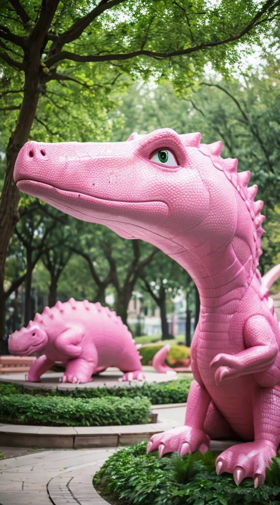 ((Best quality, 8k, Masterpiece :1.3)),Pink Dinosaur,park