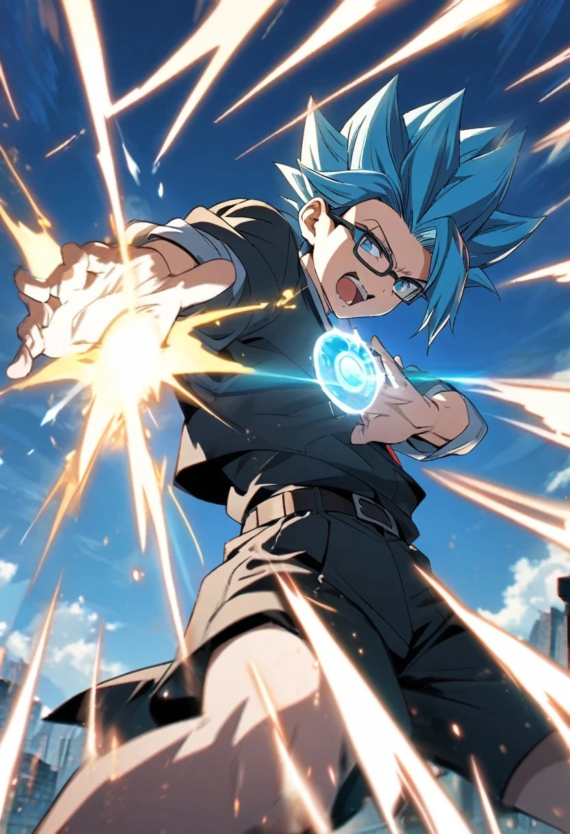 Anime, 19 year old, male, black rimmed glasses, Super Saiyan blue hair, Kamehameha,