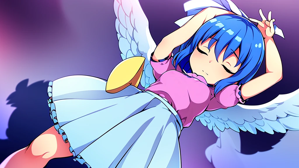 masterpiece, best quality, 1girl, , , , medium blue hair, hair flaps, pink ribbon on head, well-formed face, blue eyes, angel girl, white blouse, puffy short sleeves, red ribbon, angel wings, long white skirt, red shoes, frills, ribbon head, from behind, to lift up one’s skirt, cowboy shot, from front, standing , raise one leg, crossed arms, arms up behind, arms behind back, hand between legs, put hands hip, one hand on hip, forward hands, arms raised in the air, punch hands, peace sign, waving, put up index finger, sit, lie down, closed eyes, lie face down, looking back, put one hand chest, leaning forward, cleavage, close up, horizontally outstretched arms, horizontally outstretched legs, front view, front face