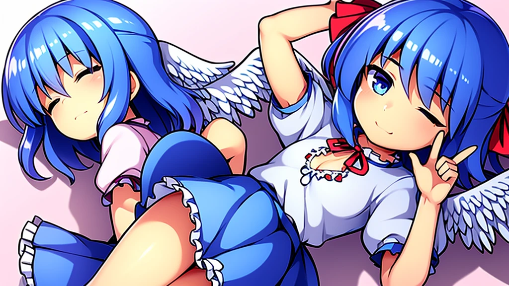 masterpiece, best quality, 1girl, , , , medium blue hair, hair flaps, pink ribbon on head, well-formed face, blue eyes, angel girl, white blouse, puffy short sleeves, red ribbon, angel wings, long white skirt, red shoes, frills, ribbon head, from behind, to lift up one’s skirt, cowboy shot, from front, standing , raise one leg, crossed arms, arms up behind, arms behind back, hand between legs, put hands hip, one hand on hip, forward hands, arms raised in the air, punch hands, peace sign, waving, put up index finger, sit, lie down, closed eyes, lie face down, looking back, put one hand chest, leaning forward, cleavage, close up, horizontally outstretched arms, horizontally outstretched legs, front view, front face