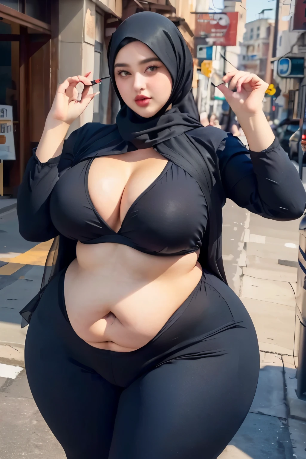araffe woman in black outfit posing on street with cigarette, thicc, she has a jiggly fat round belly, bbwchan, thick body, her belly is fat and round, beautiful thick female, thick, trending on bbwchan, wide hips, thicc build, widest hips, alluring plus sized model, insanely inflated hips