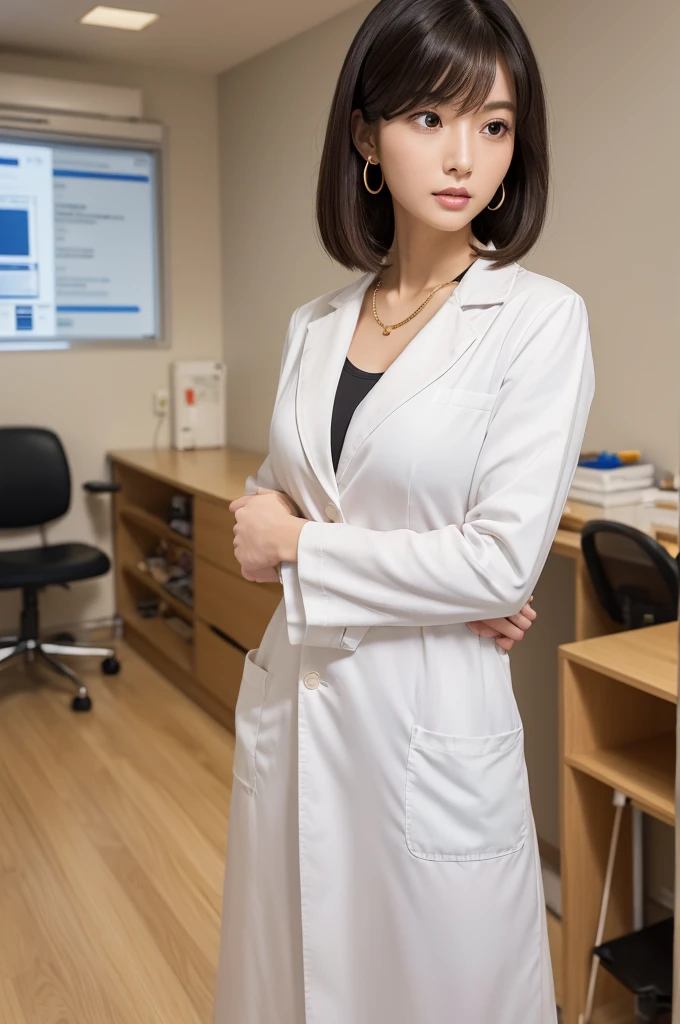 Hospital examination room, female doctor, ((full body)), ((photo)), ((best qualtiy, 8K, tmasterpiece: 1.3)), Focus: 1.2, perfect figure beautiful woman: 1.4, 1woman, cowboy shot, look at viewer, eyes facing the camera, incredibly absurd, beautiful and cute woman with a photorealistic face, showcasing top-quality craftsmanship, Japanese woman examining in a hospital examination room, 29 years old, hairstyle is a straight bob with long bangs, glossy black hair parted in the middle, thick and voluminous, elegant, fair and clear skin, large brown eyes, cool expression, long eyelashes, neat eyebrows, high nose, thin lips, natural complexion, fine skin, oval face, plump cheeks, long neck, small ears, beautiful nape, tall, slender, delicate, muscular and thin, slim frame, long and slender limbs, long fingers, large breasts of E cup, dressed as a doctor in a white coat, high heeled pumps, natural makeup, gold necklace, small earrings, watch on left arm, pretty older woman, beautiful, neat, cute voice, calm, gentle, responsible, professional, studious, kind, October