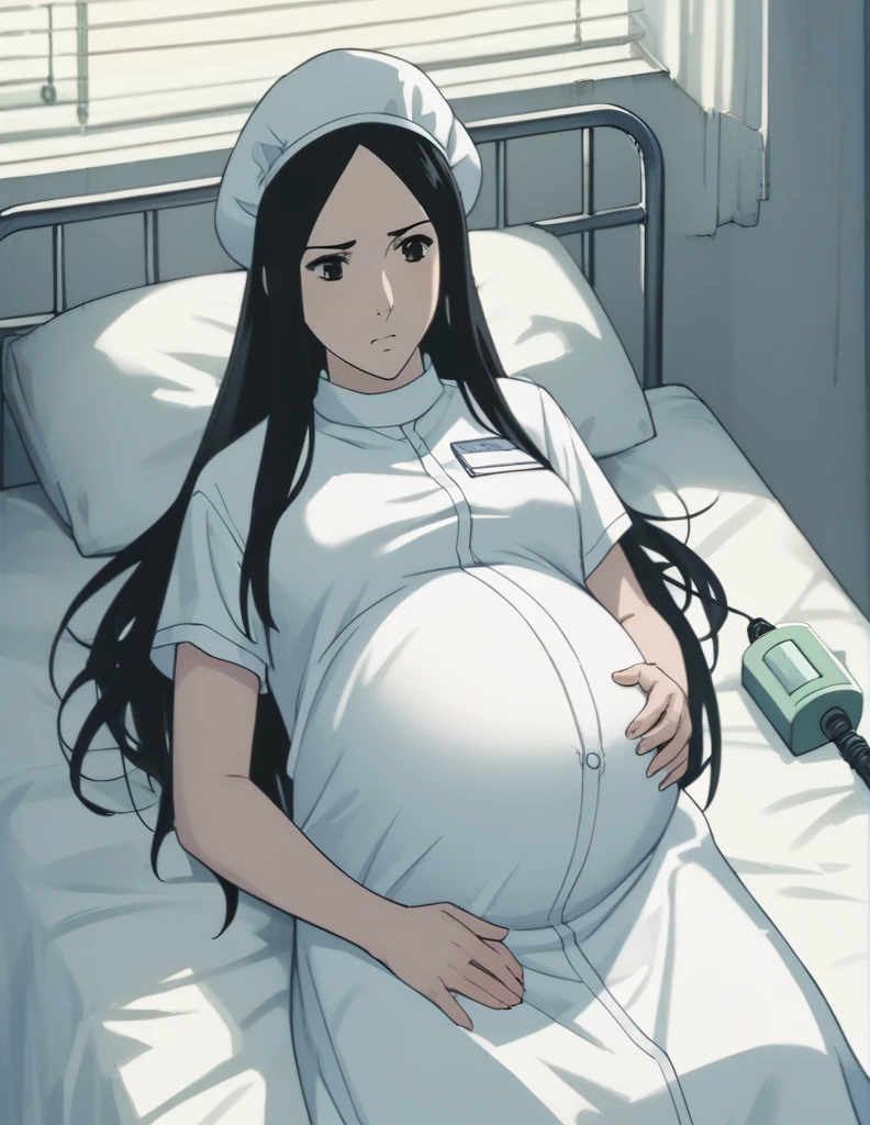 Score_9, Score_8_up, Score_7_up, source_anime, Kasuga no Rei, shy eyes, pale skin, long hair, scrubs, patient uniform, oxygen mask, surgical cap,
One girl, pregnant, single, looking down, frowning, lying in the hospital, lying on the delivery bed. Overhead lights in the delivery room, about to give birth, preparing to give birth.
