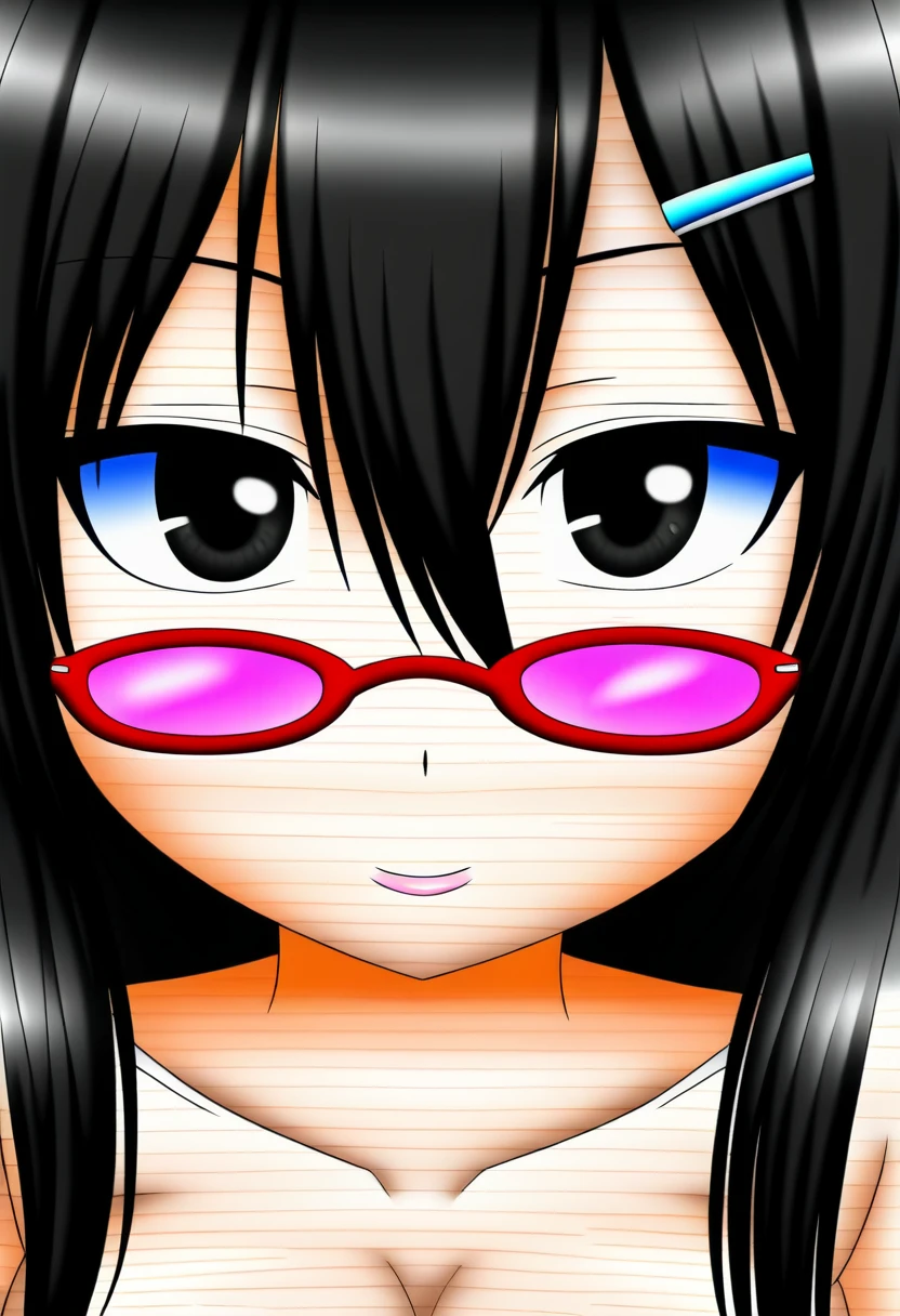 anime style,solo,1girl,hair between eyes,beautiful black hair, beautiful black eyes, glasses,small eyes,straight hair,long hair, hair clip,