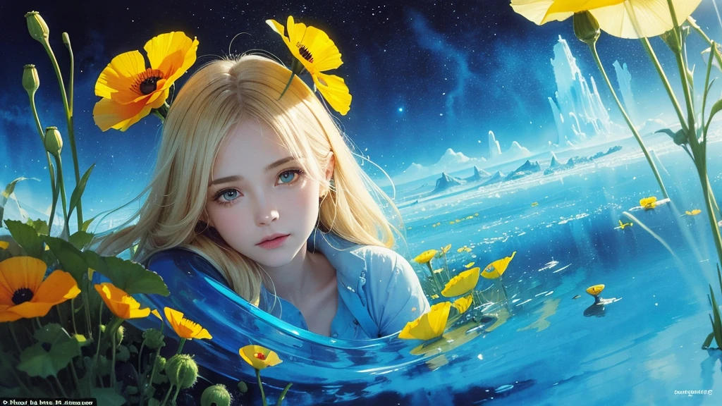 32k, Masterpiece, Highest quality, One girl, Detailed eyes, flower,Iceland Poppy, Blue and yellow style,A dreamy, romantic piece,Pale yellow, Mysterious Leaves,A playful arrangement,Fantasy,High Contrast,Ink strokes,explosion,Exposure, Impression of blue and yellow tones,Abstract,((Watercolours by John Berkey and Jeremy Mann )) Brush strokes,Negative Space, Tyndall effect,