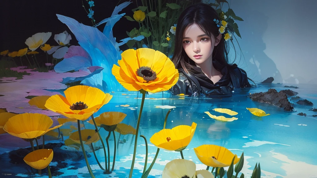 32k, Masterpiece, Highest quality, One girl, Detailed eyes, flower,Iceland Poppy, Blue and yellow style,A dreamy, romantic piece,Pale yellow, Mysterious Leaves,A playful arrangement,Fantasy,High Contrast,Ink strokes,explosion,Exposure, Impression of blue and yellow tones,Abstract,((Watercolours by John Berkey and Jeremy Mann )) Brush strokes,Negative Space, Tyndall effect,