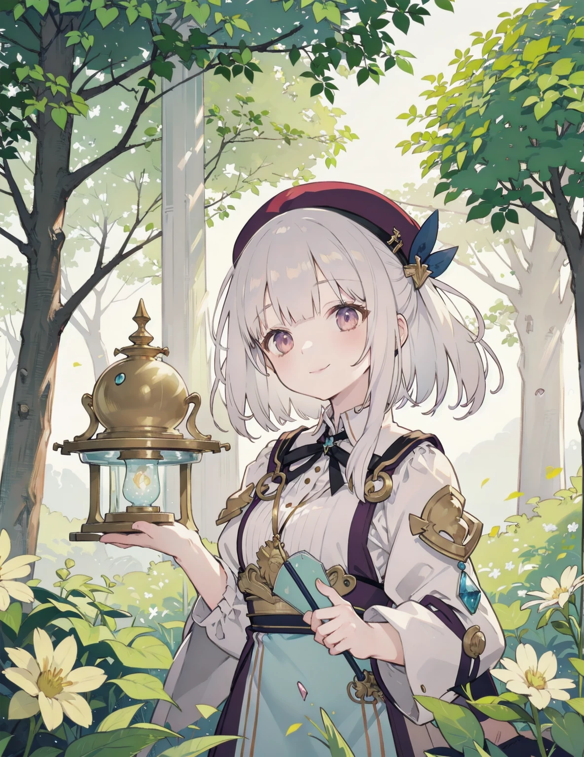 natural lighting, dusk, down, light smile, upturned cheeks, slightly shining hair, half up do, beret, hair ornament, alchemist, atelier series, large staff, gold, silver, Gemstones, brilliance, precious, 1girl, solo, fantasy landscapes, Scholarly, intellectual, floating light, magnificent, splendid,
