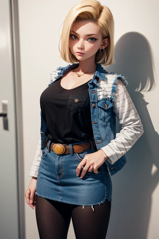 wallpaper,Real shot,32k,1 Girl,android 18, Blonde hair, blue eyes, eyelash, hoop earrings, short hair, earrings, belt, Black Legwear, black shirt,Pantyhose, breast pocket, cleveage, clavicle, denim, Short skirt, high-waist skirt, Jewelry, Long sleeve, pocket, shirt, shirt tucked in, skirt, Random Action,Striped, Striped sleeves, Vest,,