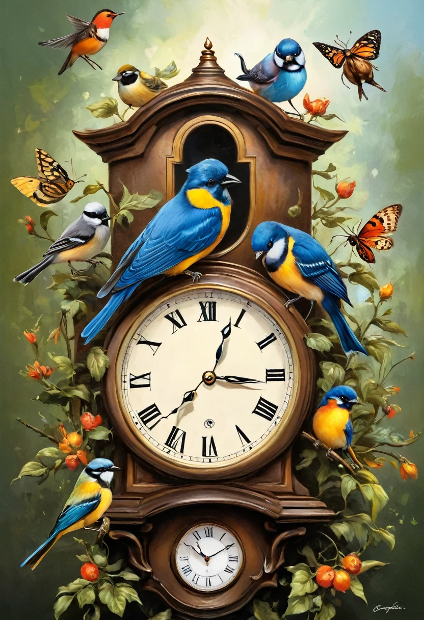 animals, birds and insect coming out of clocks in the style of painter Gregsinksart.