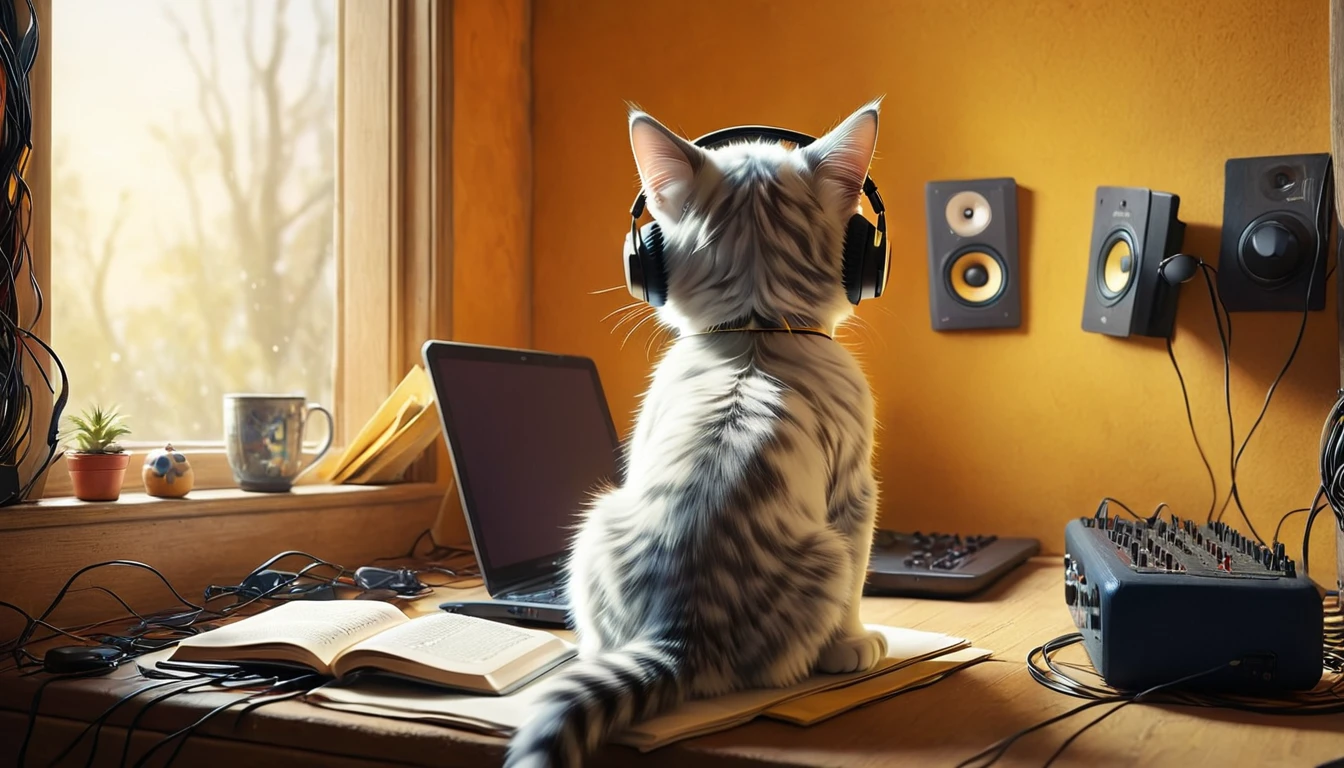 (photography film style), anthropomorphic, cute kitten, , studying in his room, listening to music with headphones, back view, 2D, colorful, warm atmosphere, glossy, Jean-Baptiste Monge style, Alan Lee style