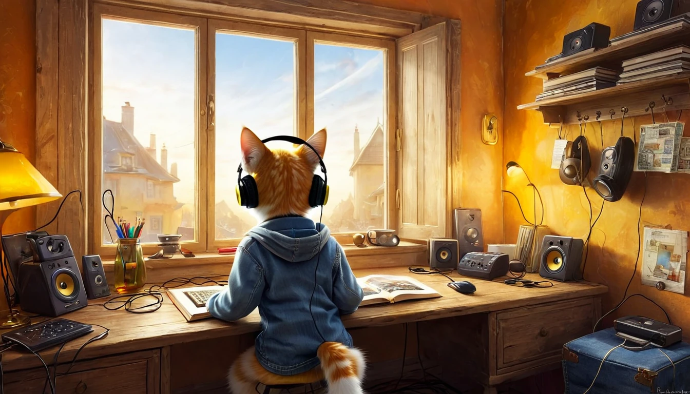 (photography film style), anthropomorphic, cute kitten, , studying in his room, listening to music with headphones, back view, 2D, colorful, warm atmosphere, glossy, Jean-Baptiste Monge style, Alan Lee style