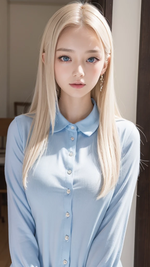 forehead、Big Breasts、Northern Europe、Russia、beautiful girl、Platinum Blonde Hair、Blouse with collar and sleeves、Straight long hair、Hitting the face and front of the eyes、Big blue eyes、Northern Europeの若者、Perfect body、White tendons、Glowing Skin、Young and beautiful skin、A perfect and beautiful little face、Bright makeup、Pale pink lips、Bright expression、16-year-old girl、lipstick、Viewer&#39;s vision、Golden Hour Lighting、Bokeh Atmosphere Perspective、detailed、Movie Light、複雑なdetailed、High resolution、 フェイスデザインのdetailedな特徴、Attention to detail、Clear focus、Smoothness、{{masterpiece}}