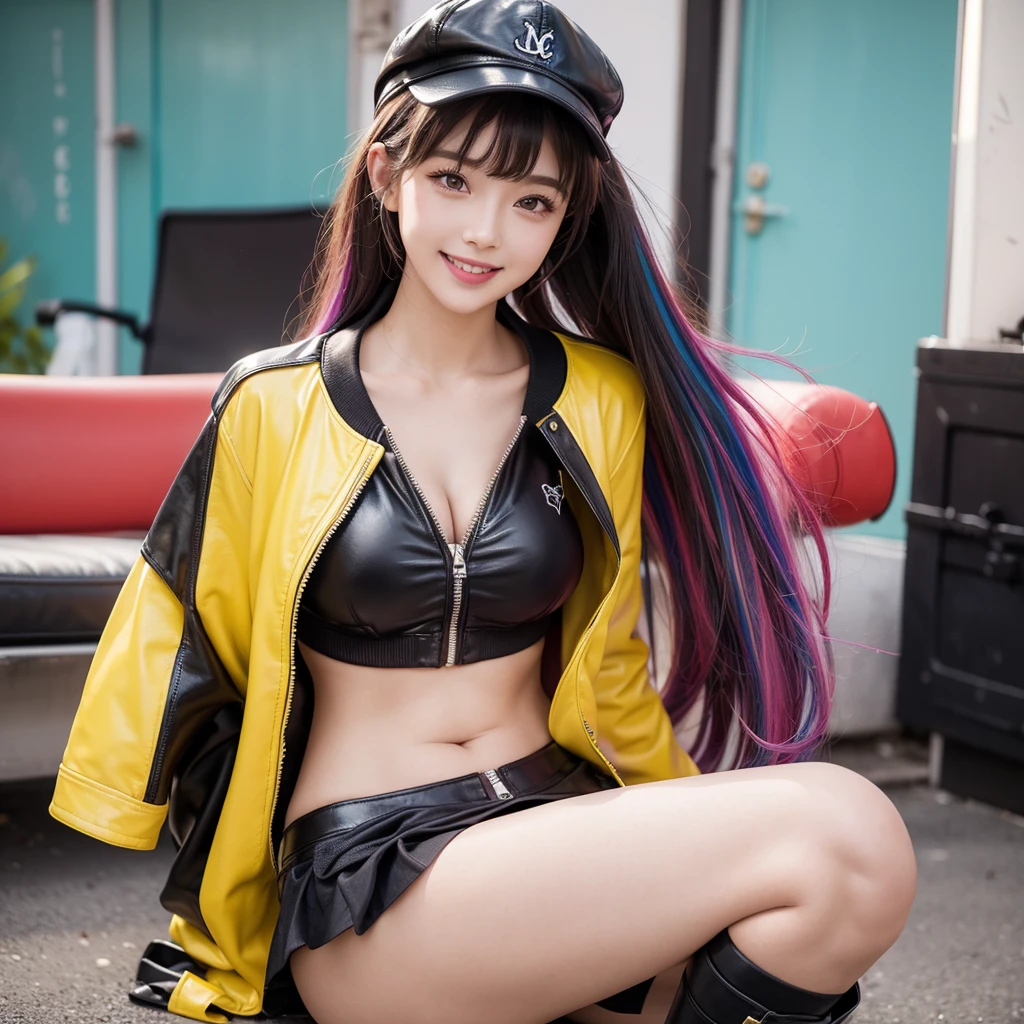best quality，In 4K，beautiful girl，Swimwear，bikini，Ocean，Wearing a cap cap，gravure idol，Model，smile，highest quality，big breasts，hyper real stick、She has her bangs down，beautiful girl，Maid clotheasterpiece，perfect face，perfect breasts，long hair，Outstanding style，stimulating，Cute outfits，Horny girl，double eyelid，Naughty Girls，Erotic and cute，mini skirt，ribbon on uniform，colorful hair color，yellow eyes，leather jacket，horny girl，Knee-high boots，
Colorful，multicoloured，future fashion，smile，，zipper bra，Multicolored clothing