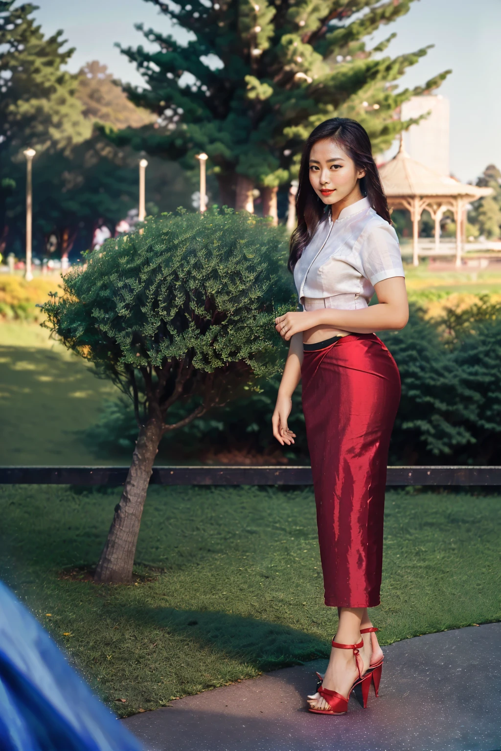 arafed asian woman in a satin dress, (((full body view:2))), ((pretty lady MoonLay:1.2)), (pretty lady MoonLay), ((((pretty lady MoonLay's innocent cute face and cute small smile:1.4)))), ((stylish standing with seductive one knee up and lean towards the tree pose for photography:1.6)), ((under the big pine tree:1.5)), ((wearing Myanmar traditional elegant and stylish affair:1.5)), (((slim and voluptuous figure:1.5))), ((white shirt:1.6)), ((red satin skirt:1.6)), ((blue sandal high heel:1.3)), south east asian with square face, traditional beauty, beautiful asian girl, anime thai girl, a young beautiful asian woman, (((photorealistic background))), ((in a beautiful park with vibrant colorful trees background:1.5)), ((cinematic bokeh deep background blur:1.7)), (((photorealistic cloudy evening sky with golden sunlight15))), (cinematic enhance HDR portrait glow lighting))), perfect anatomy, cannon mark v, DSLR quality, (perfect anatomy), (perfect toes), (perfect hands), (realistic smartphone), (random realistic stylish seductive pose),